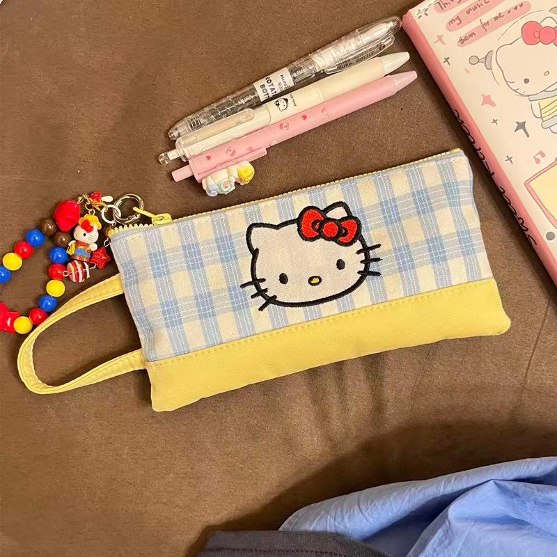 

Grid Kitty Cute Japanese-Style Cartoon Pencil Case - High-Quality Student Stationery Bag