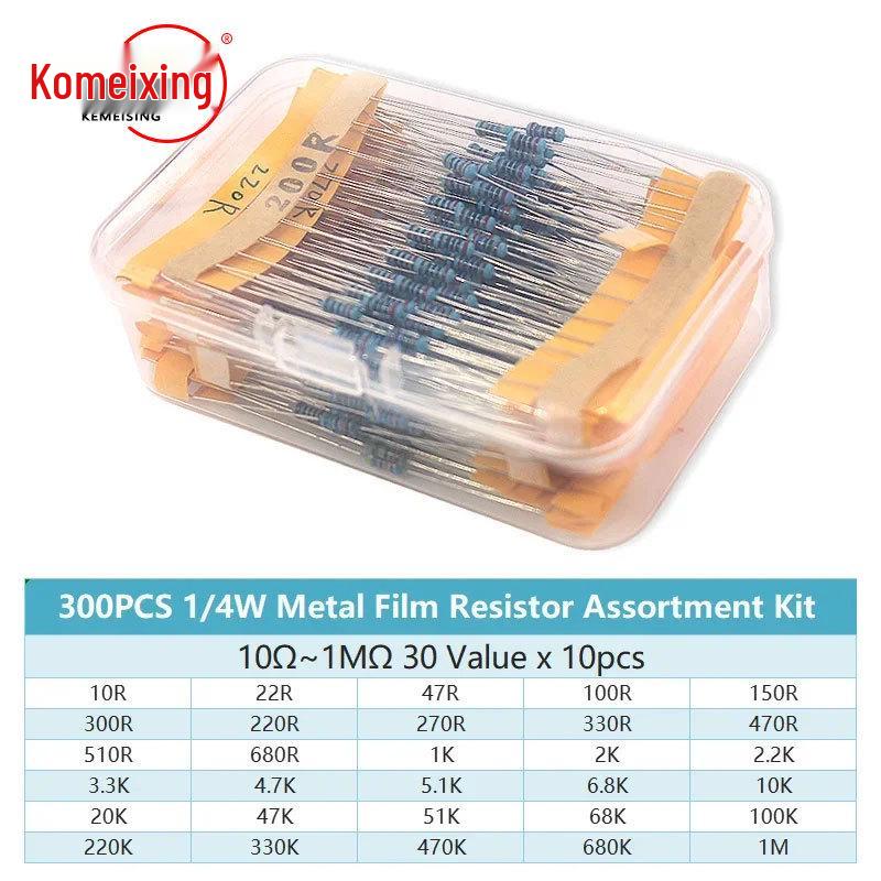 300/600PCS 1/4W Metal Film Resistor Pack, 1% Accuracy, 10R-1M, 30 Types x 20 Pieces, Bagged and Boxed