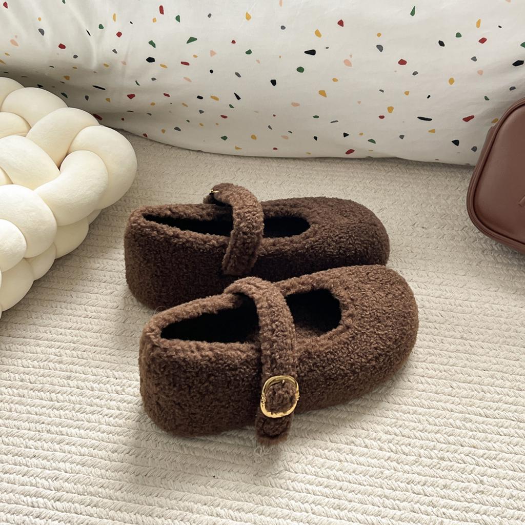 Winter Design Fur Women Mary Jane Shoes Concise Soft Sole Outdoor Shoes Ladies Comfort Warm Cotton Flats Shoes