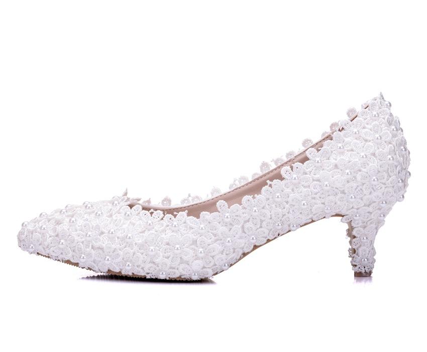Fashion Wedding Pumps Flower Pearl Pointed Toe Shallow PU 5CM Thin High Heels Princess Pointed Toe Platform Heels Women Shoe
