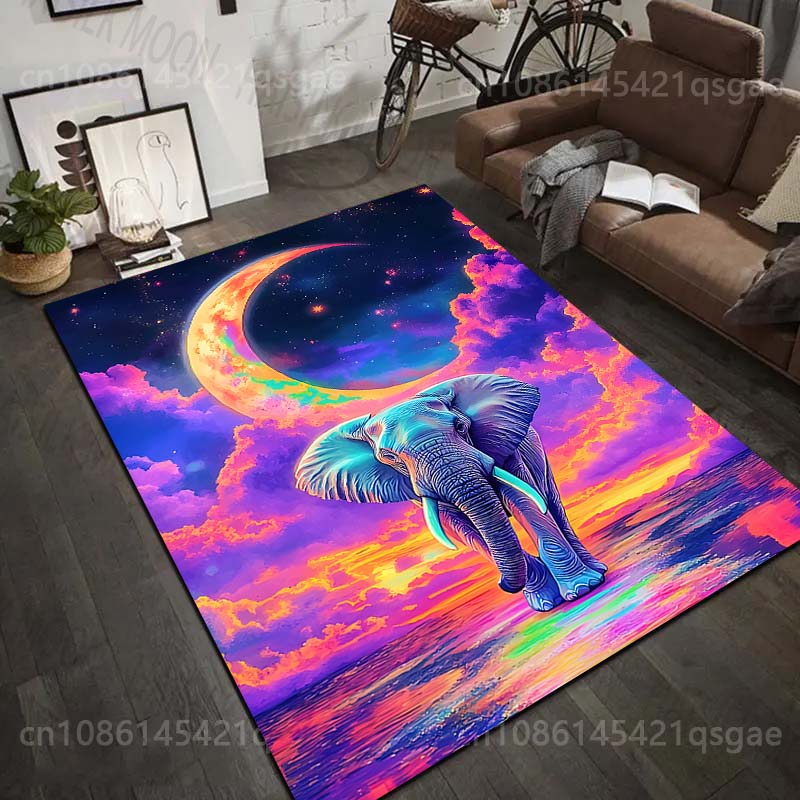 1PC Dreamy elephant under moon Print Carpet Rug for Living Room Bedroom Sofa Doormat Home Decor Non-slip Floor Mat