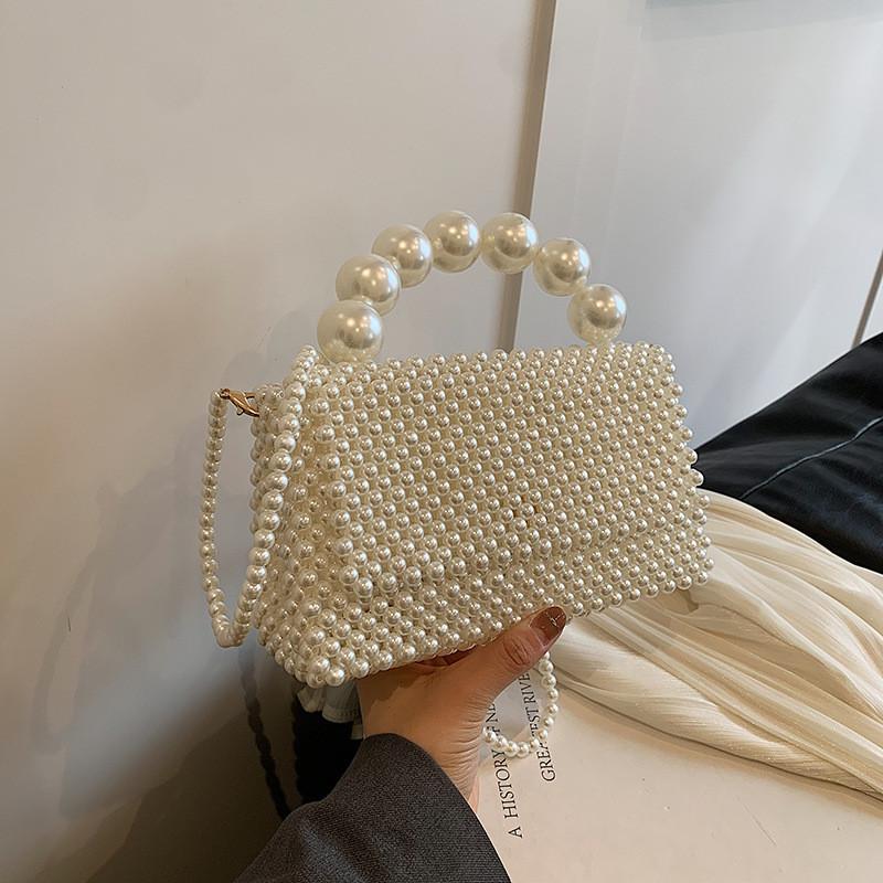 Beading Handwoven Lady Girl Travel Mini Bag Pearl Decor Magnetic Closure Flap