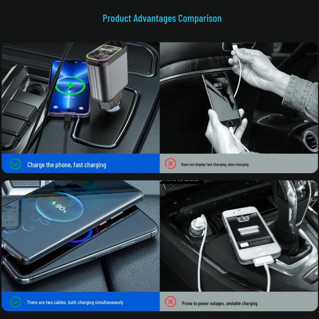 Retractable 4-in-1 Car Charger with RGB Ambient Light and Starry Sky Ceiling.