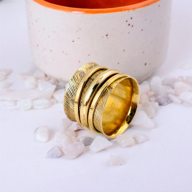 Handmade Brass Spinner Fidget Ring | Wide Band with Diagonal Etched Lines | Anxiety Relief Statement Meditation Jewelry