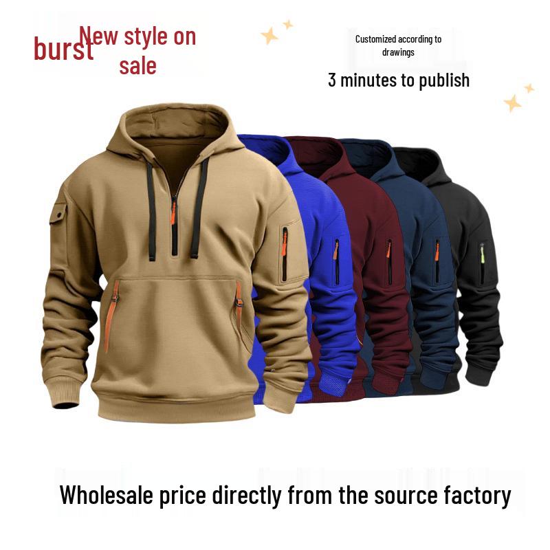 Men's Spring & Autumn Multi-Pocket Zip Hoodie Sweatshirt