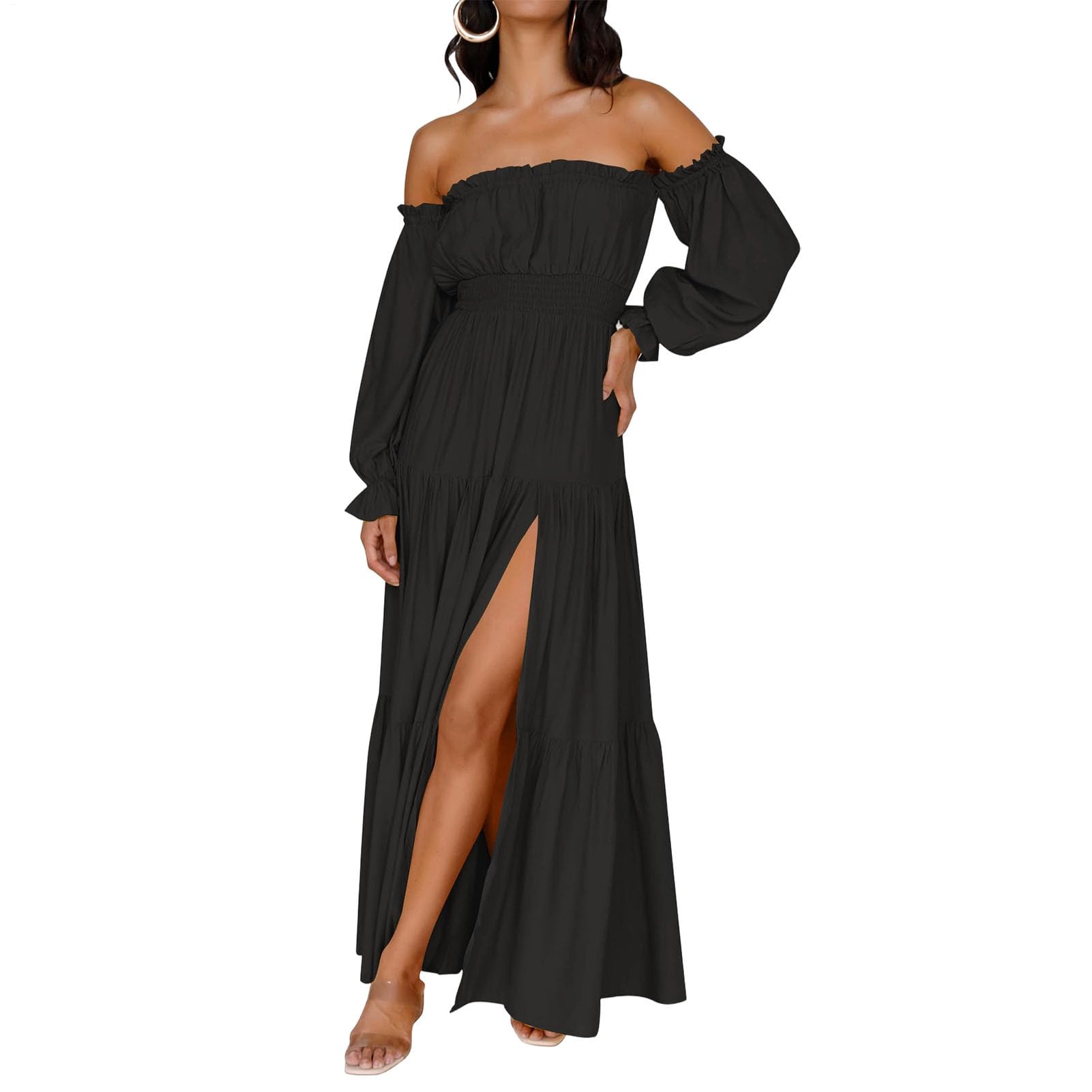 

Женское Модное Цветное Бохо Сексуальное С Открытыми Плечами С Длинным Рукавом С Высокой Талией С Боковым Разрезом Для Отпуска На Море Длинное Платье L чёрный