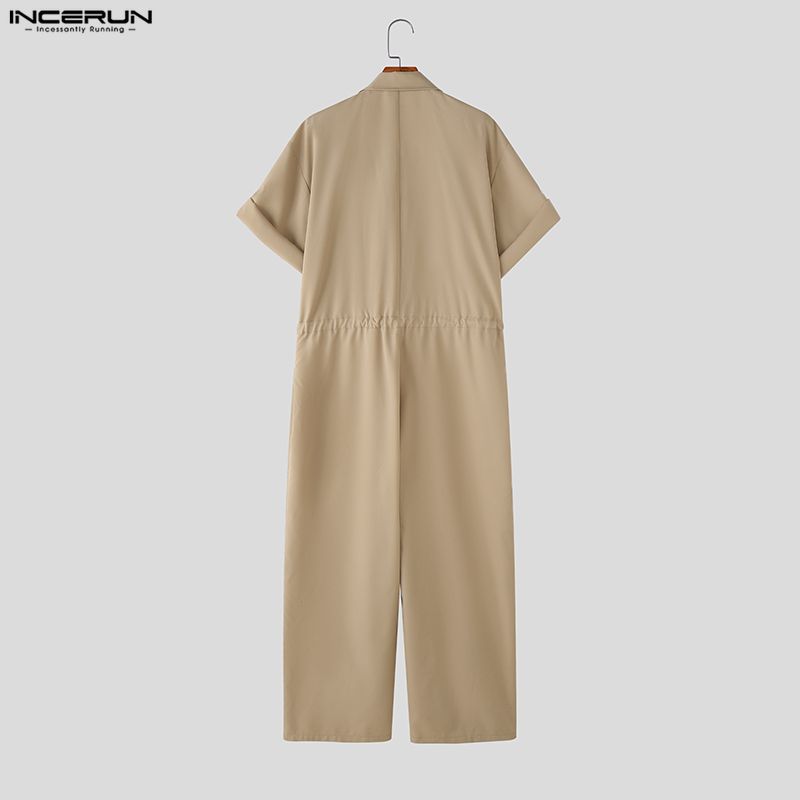 INCERUN Men Short Sleeve Zip-up Jumpsuits Casual Long Cargo Rompers Overalls