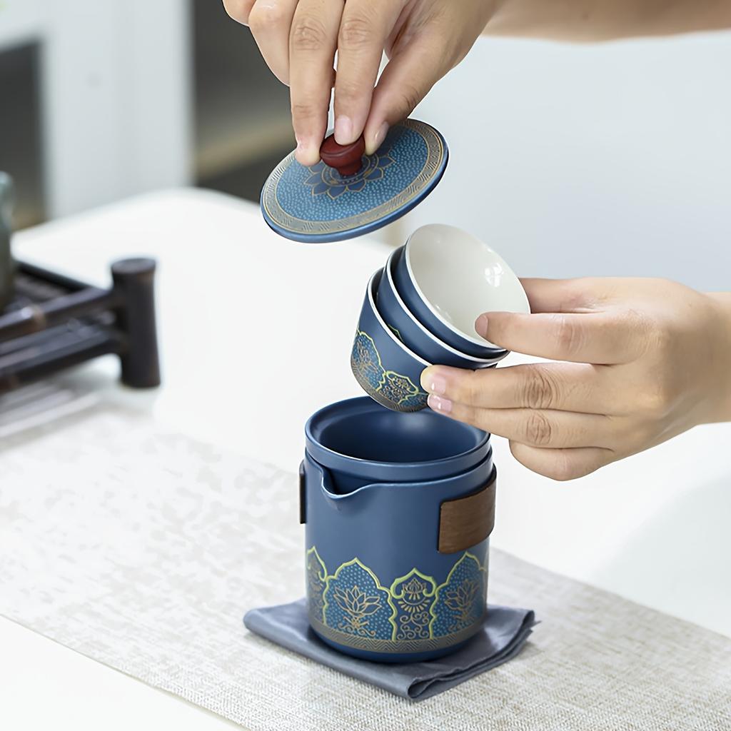 1 Set Travel Tea Set Portable Kung Fu Tea Set Ceramic Teapot Tea Canister Tea Cup Outdoor Quick Cup Tea Canister Leather Bag