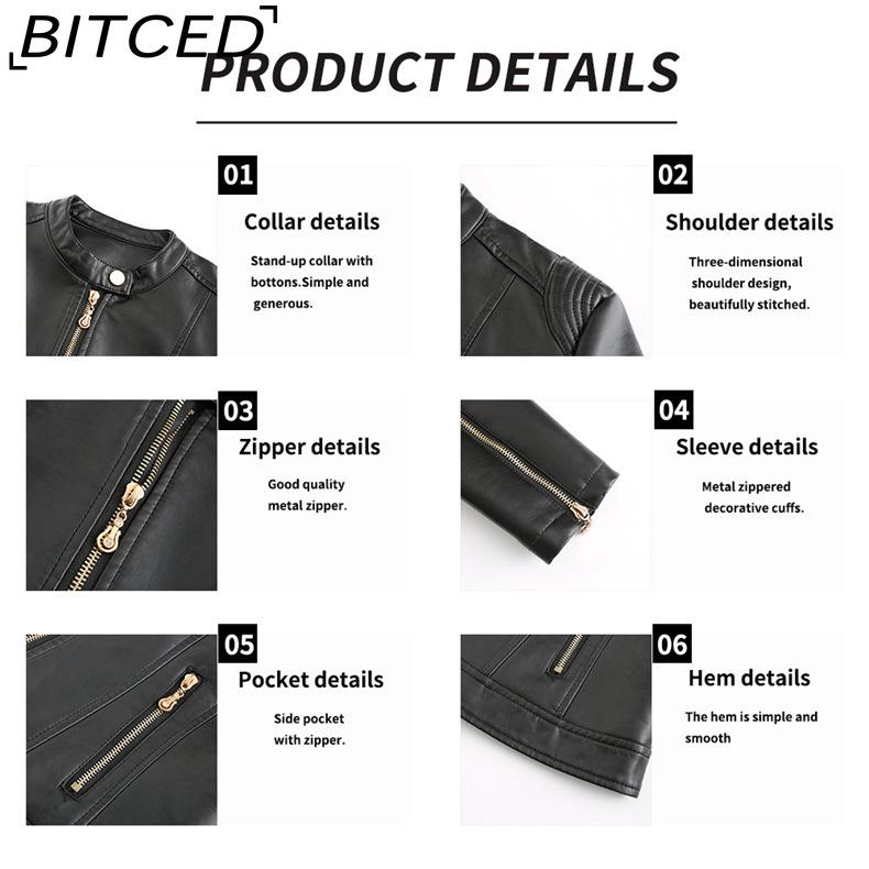 BITCED Fashion Women's PU Leather Short Jacket with Stand Collar Lightweight Spring/Autumn Leather Jacket
