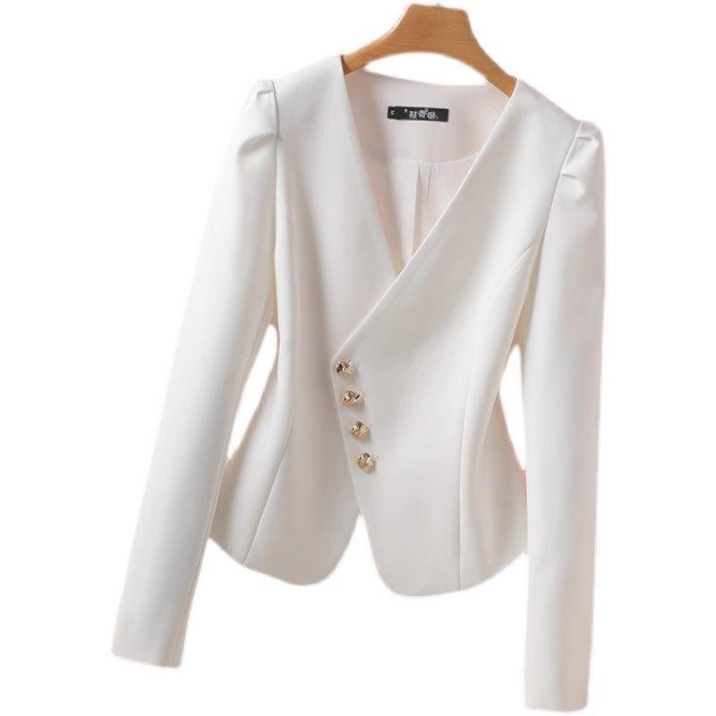 Damska marynarka bez kołnierzyka z bufiastymi rękawami, wąska, wiosna/jesień 2024