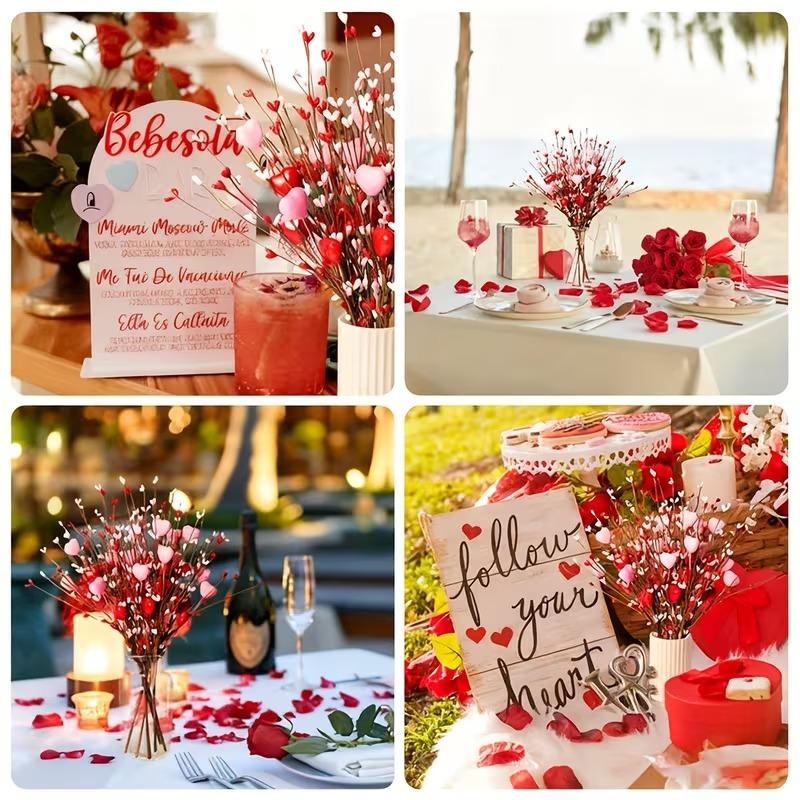 1-10PCS Valentines Decor Artificial Flower Berry Branches Heart Shape Berry Fake Flowers Anniversary Wedding Home Decor
