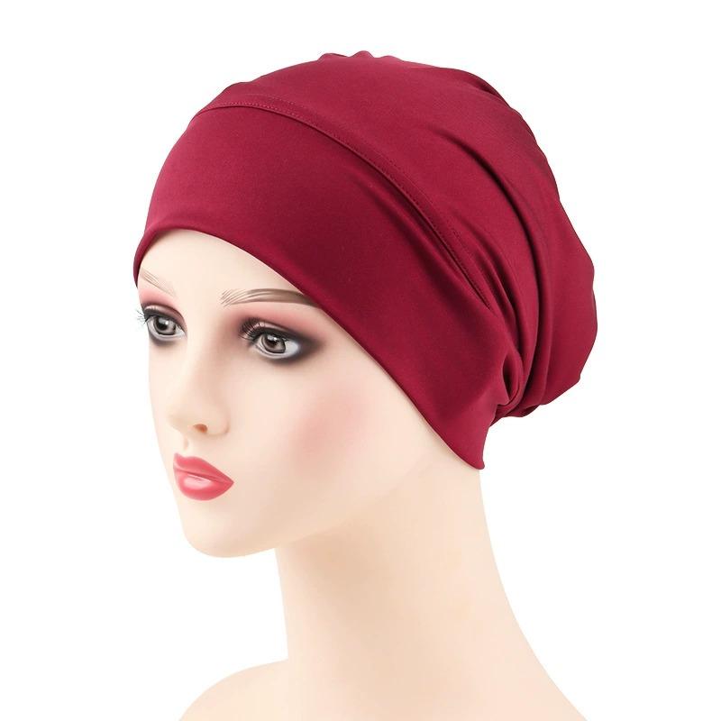 Women Stretch Beanie Chemo Cotton Hair Turban Hat Double-layer Soft Satin Lining Crinkled Hijab Inner Hijab Caps
