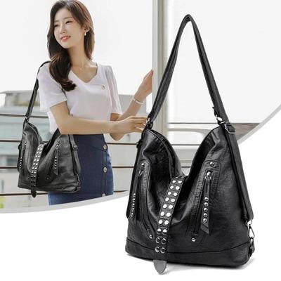 Retro Large Capacity Women's Single Shoulder Bag Fashion Rivet Design Multi-Functional Double Backpack Bucket Bag Shape