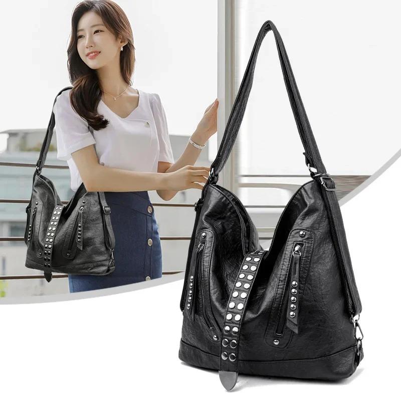 Borsa a Spalla Singola da Donna di Grande Capacità Retrò Design alla Moda con Borchie Multifunzionale Doppia Zaino Forma a Secchiello