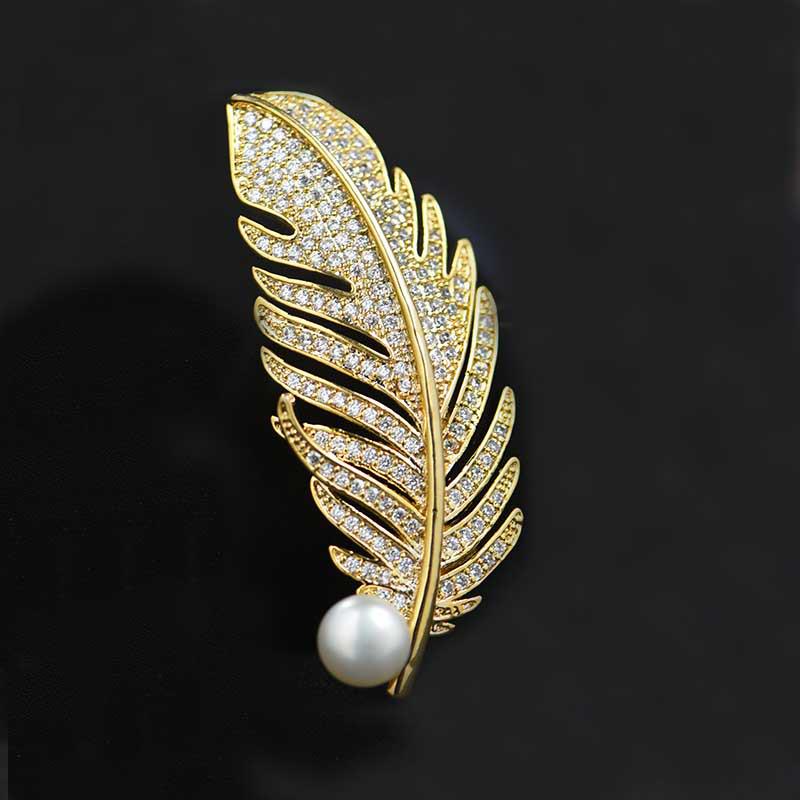 Gold Feather Pearl Rhinestone Brooch - Exquisite Leaf Lapel Pin Jewelry