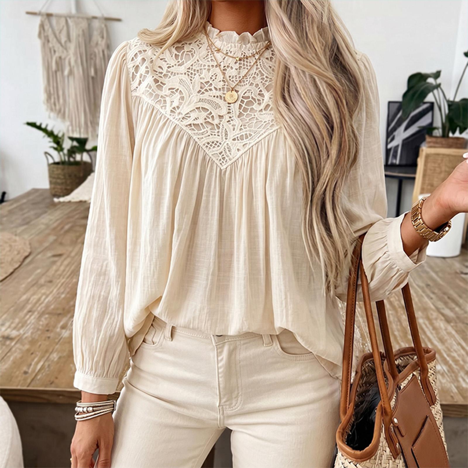Women s Lace Trim Stand Collar Long Sleeve Pullover Blouse with Pintuck L