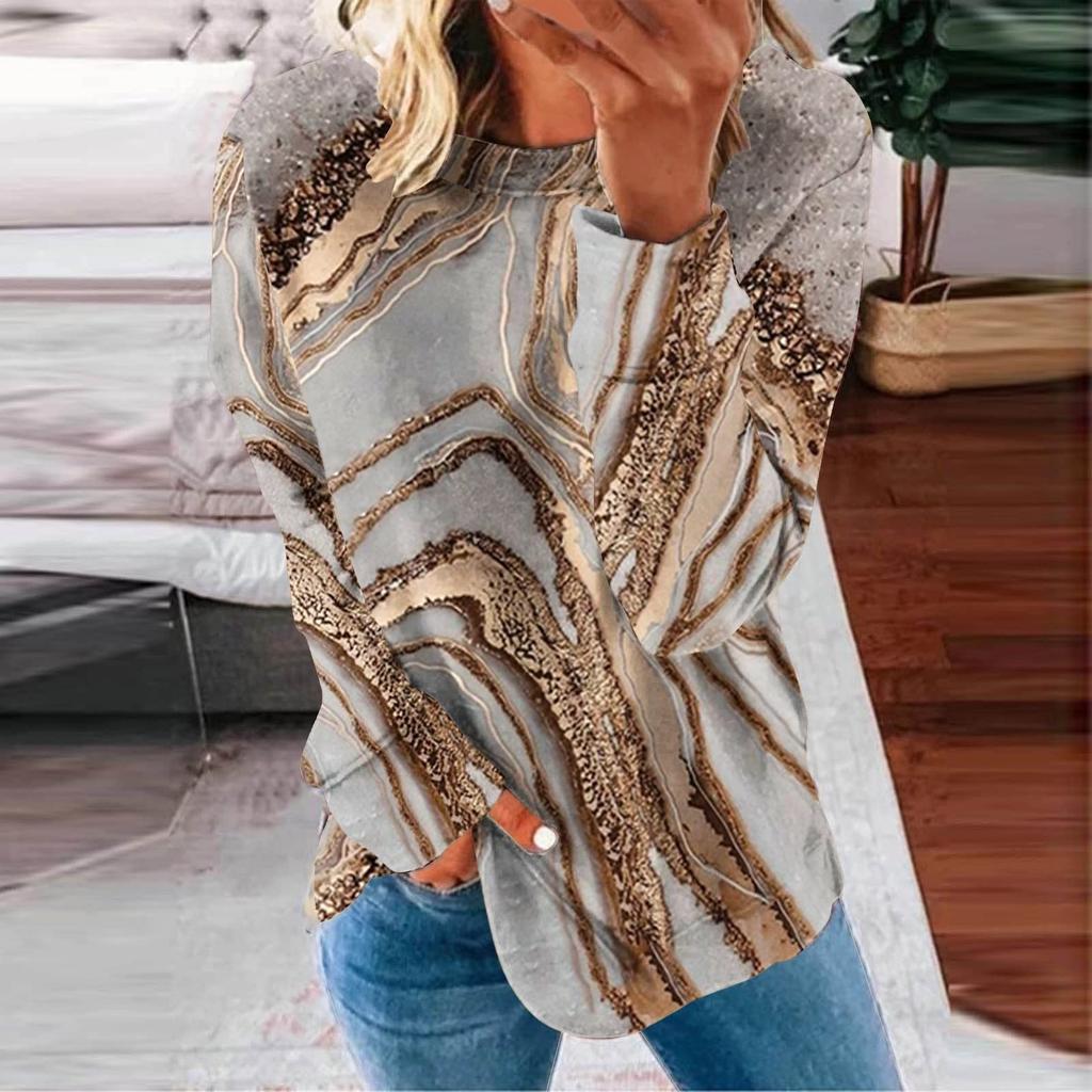 Damen Casual Fashion Print Langarm Rundhals Pullover T-Shirt Top