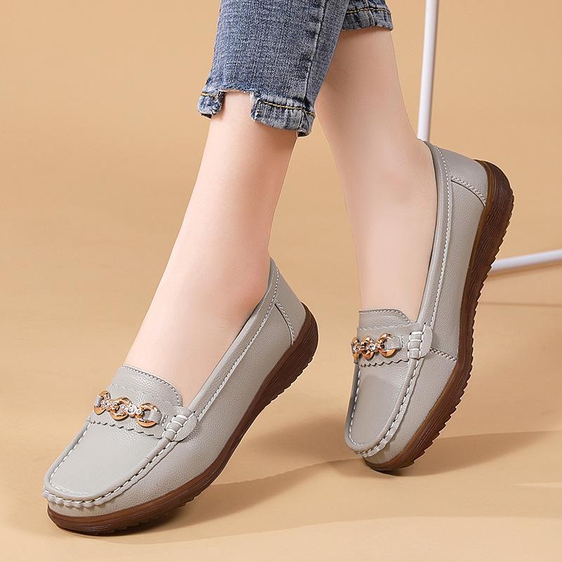 2023 Spring/Autumn Women's Casual Leather Slip-On Shoes with Metal Buckle - Soft Sole, Large Size, Comfort for Moms