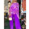 Women Summer   Colorful Chiffon Casual Round Neck Printed  Top Blouse & High Waist Pants Two-Piece Clothing Set