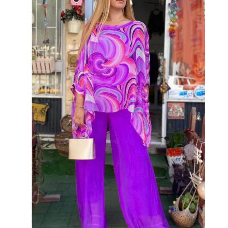 Women Summer   Colorful Chiffon Casual Round Neck Printed  Top Blouse & High Waist Pants Two-Piece Clothing Set