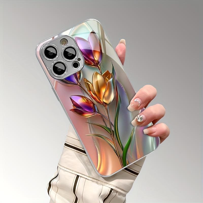 Artystyczne Etui na Telefon ze Szkła Galwanizowanego z Wzorem Tulipana Dla iPhone 17 Pro Max 16 Pro 15 Plus 14 13 12 11 16E 17 Air Pokrowiec TPU