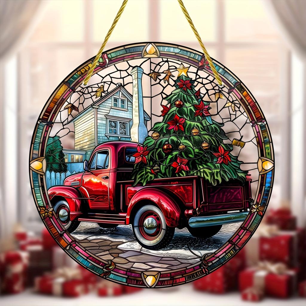 Christmas Vintage Truck Lighthouse Suncatcher Window Decor Wreath Sign Scene, Novelty Home Decor, Perfect Durable for Bedroom