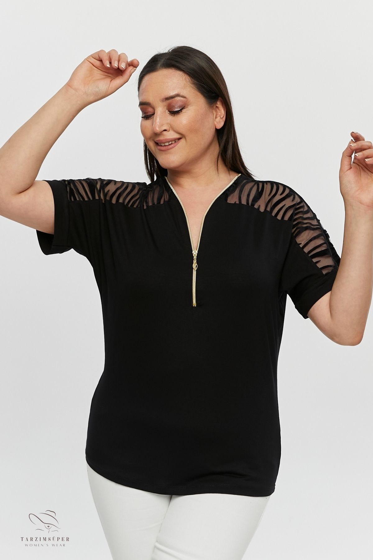 

Women s Style Big Size T-Shirt Plus Size New Season Sleeve Transparent Zippered Comfort Model Short Sleeve Combed Cotton Tunic T-Shirt XL