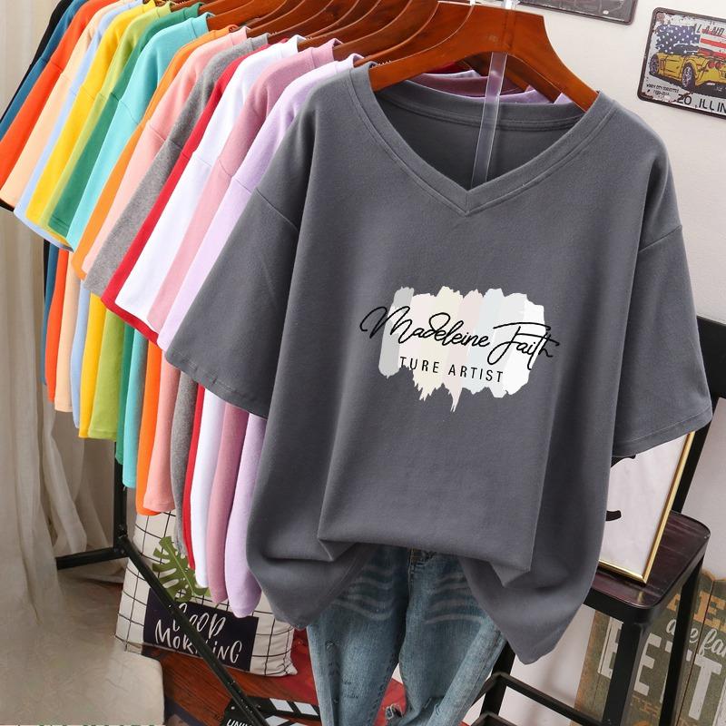 Tricou cu mânecă scurtă, Croială largă, Top subțiere cu gât în V imprimat pentru femei