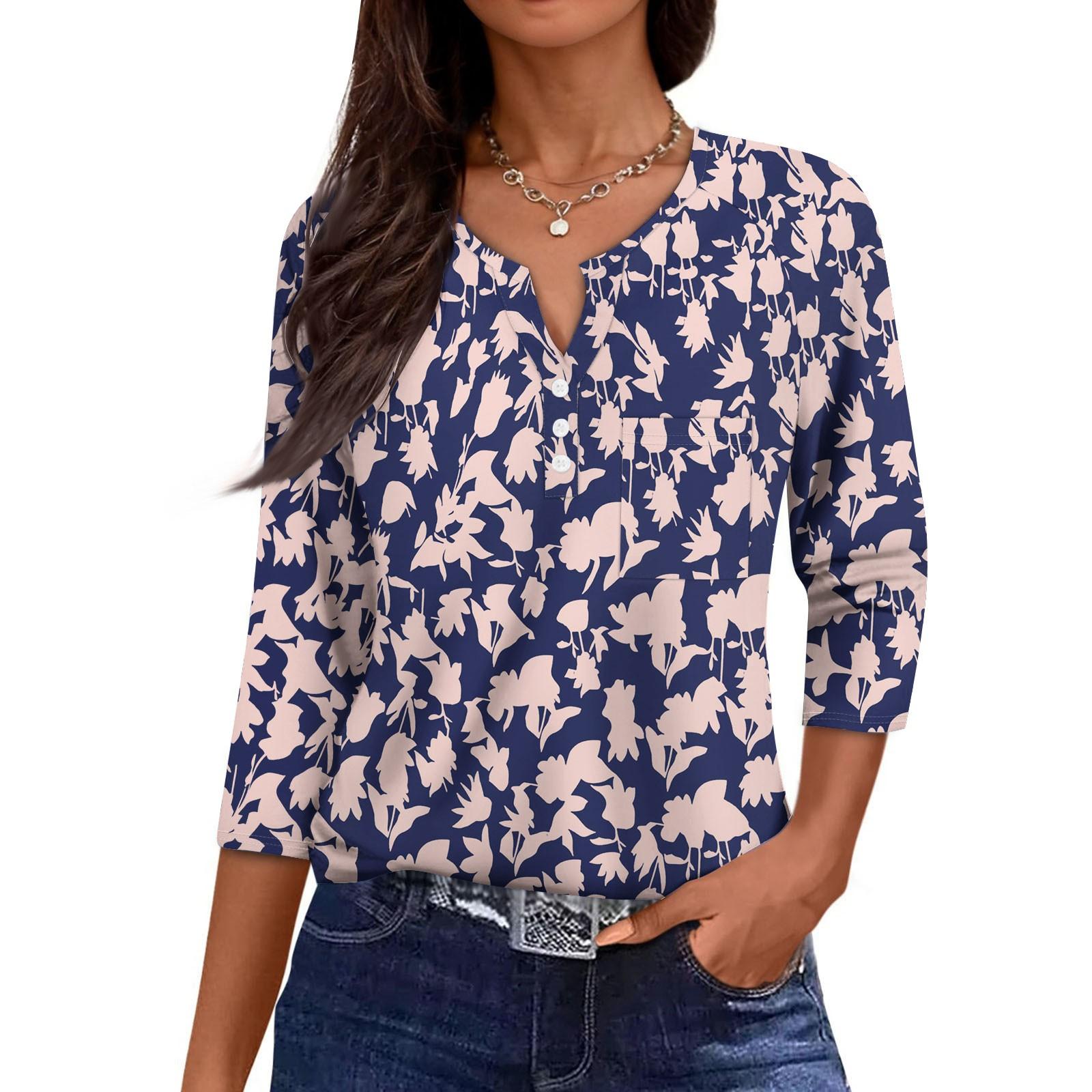 

Женская повседневная мода V-образный вырез свободный универсальный цветочный принт рукава три четверти L