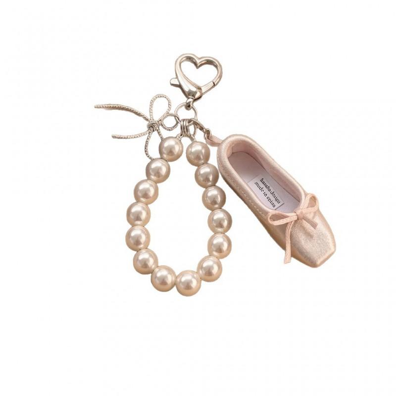 Sweet Korean Style Pink Ribbon Ballet Shoe Keychain With Pearl Charm Resin Accessory Girls