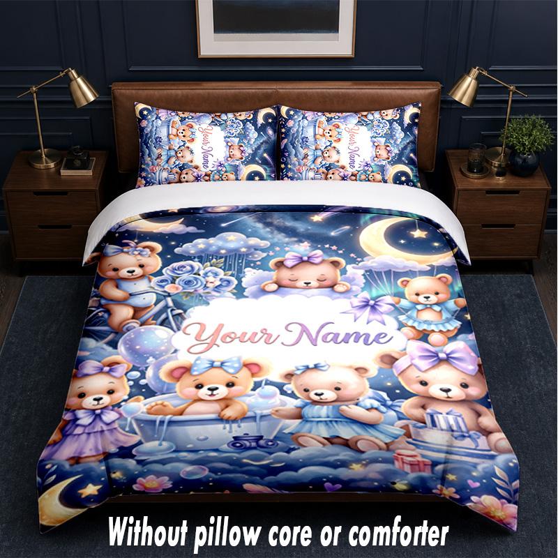 Teddy Bear Theme Custom Text Or Name 3Pcs Bedding Set,1 Flat Sheet & 2 Pillowcases Personalized Home Bedding