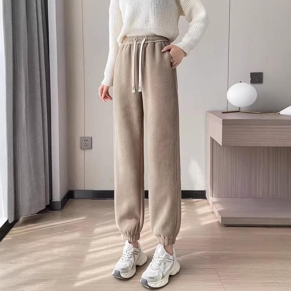 Fleece-Lined Lambswool Cuffed Sports Pants - 2026 Autumn/Winter Warm Windproof Slim Fit Cotton Pants
