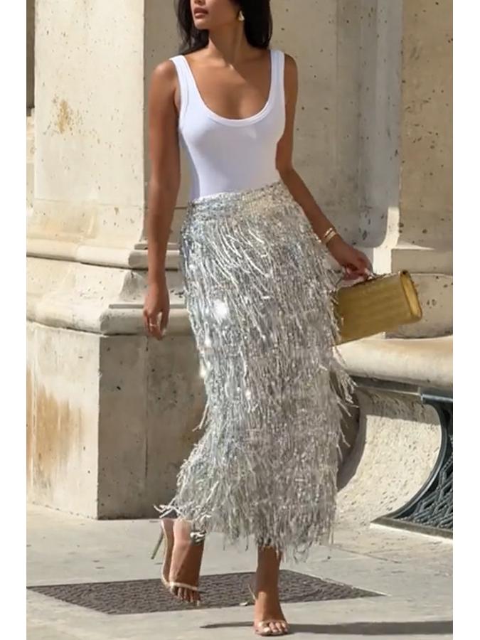 Women's Tassel Sequin Pencil Skirt with Slit - Solid Color, European & American Style