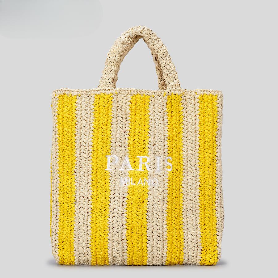 Gestreifte, handgefertigte, gewebte Strohtasche für Damen, bestickte Buchstaben, Strandurlaub, Schultertasche, kollidierende Farben, gewebte Handtasche aus Papier