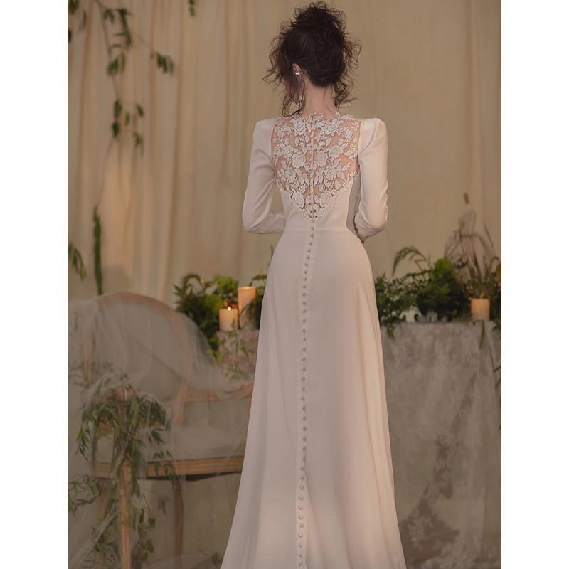 Französisches leichtes Hochzeitskleid Schlichtheit Spitze Weiß Dünn Lange Ärmel Kleiner Schlepp Mori Willkommen Koreanisches Türkleid Reisefotografie