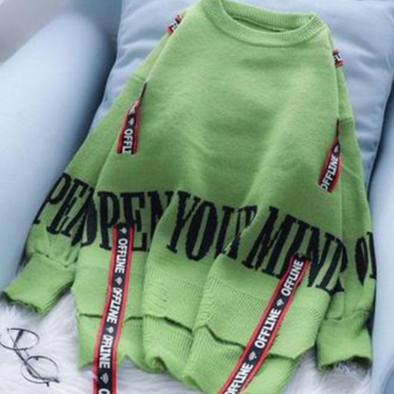 Осень-зима, уличный стиль, сращенные с буквами джемперы, женские свободные повседневные универсальные вязаные пуловеры, топ, женский свитер в стиле Харадзюку Y2K 3XL зелёный