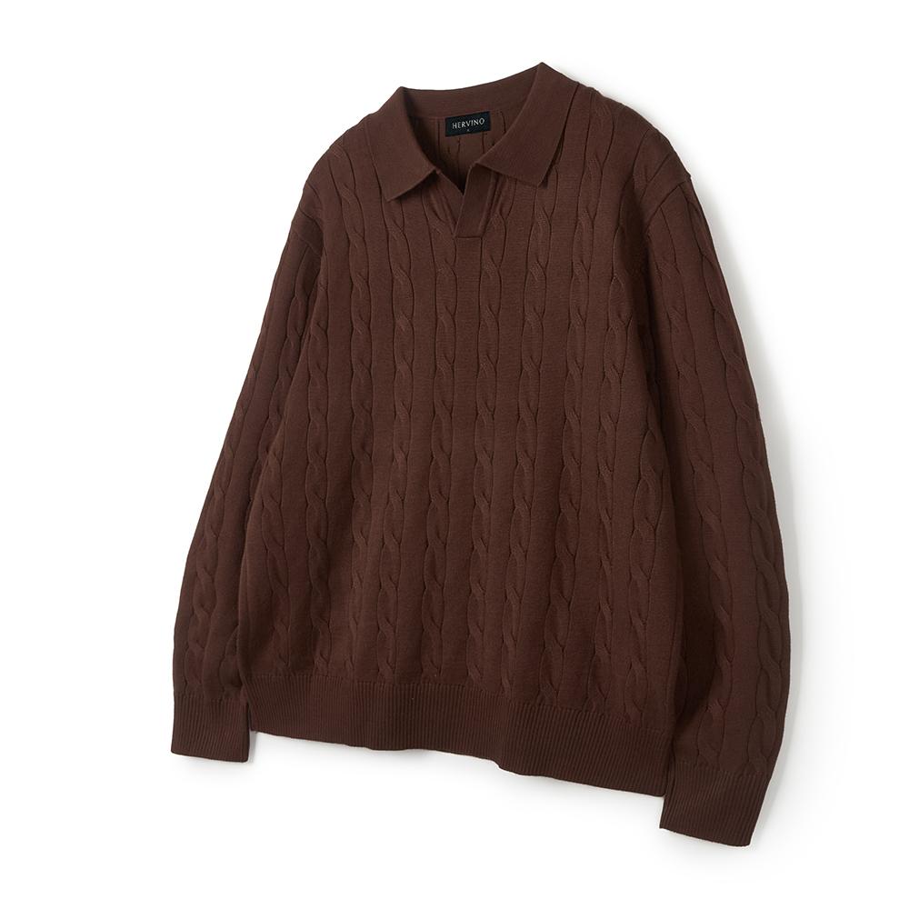 HERVINO Soft Cable Open Collar Muscle Knit [Brown]