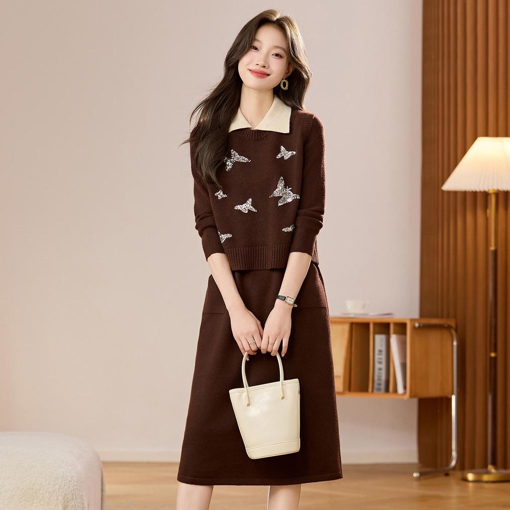 Damski dzianinowy zestaw dwuczęściowy: Kamizelka z okrągłym dekoltem i kardigan o średniej długości z długim rękawem Sukienka wełniana