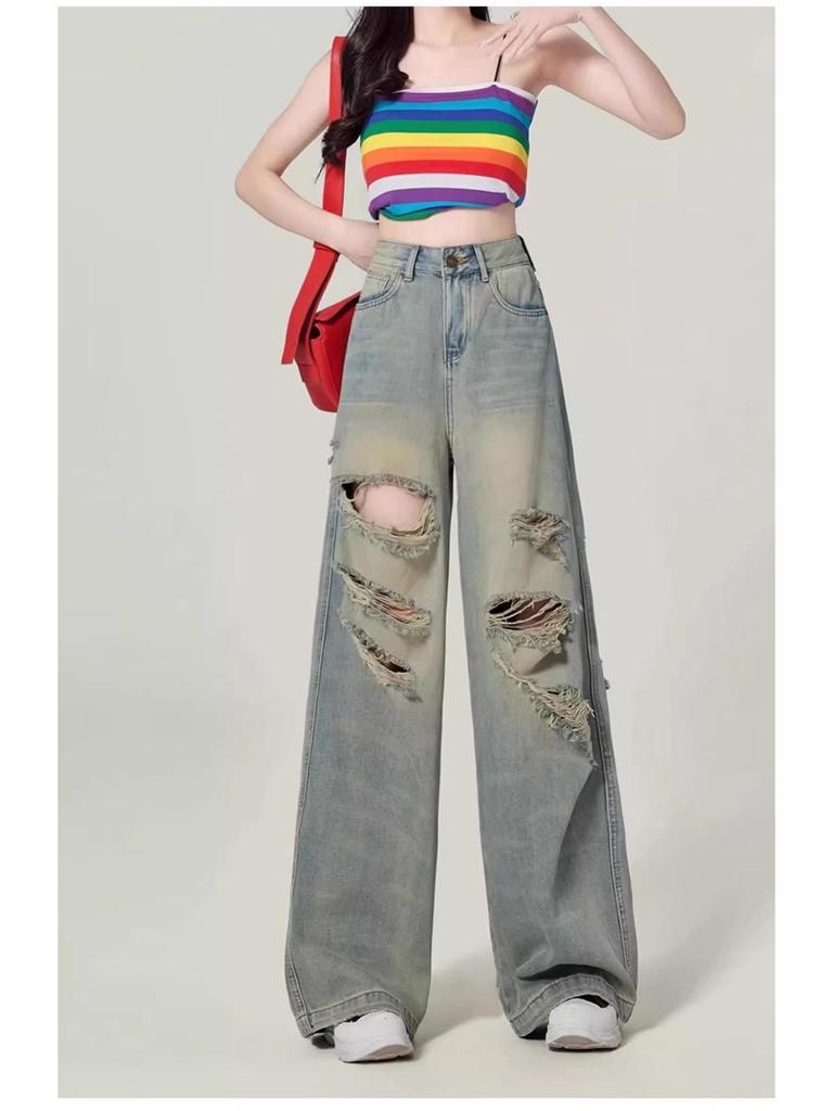 Plus Size High Waist Wide-Leg Ripped Jeans for Women - Summer 2025 New Arrivals, Slimming Drape, Floor-Length Pants for Chubby Girls