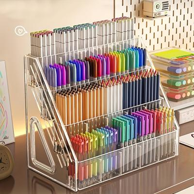 Large Capacity Acrylic Marker Holder Pen Storage Box Desktop Organizer with Compartments for Paintbrushes Pencils Art Supplies