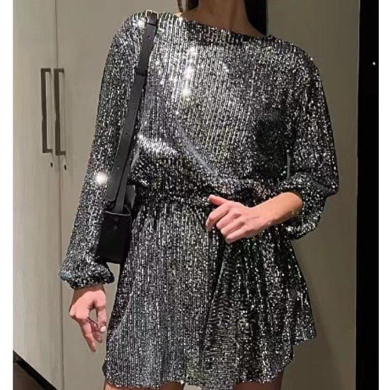 GMXIA Damen Rundhals Langarm Mode Sommer Frühling Einfarbige Druck Casual Kleider