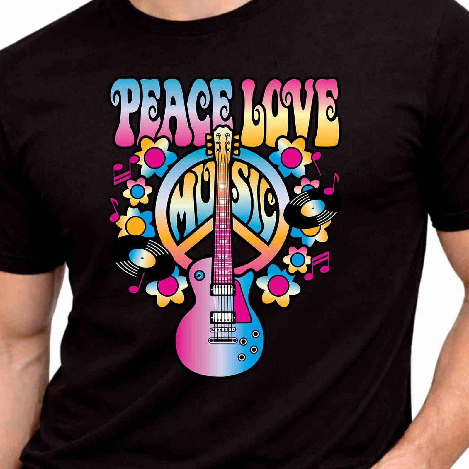 Peace Love Music Guitar Hippie Retro Floral Vinyl Record Graphic T-Shirt Gift. XXXXL