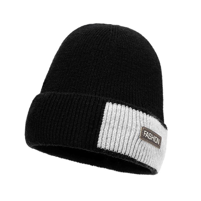 Winter Wool Knitted Hat Men's Fleece Thick Color Block Hat Outdoor Cycling Windproof Cap