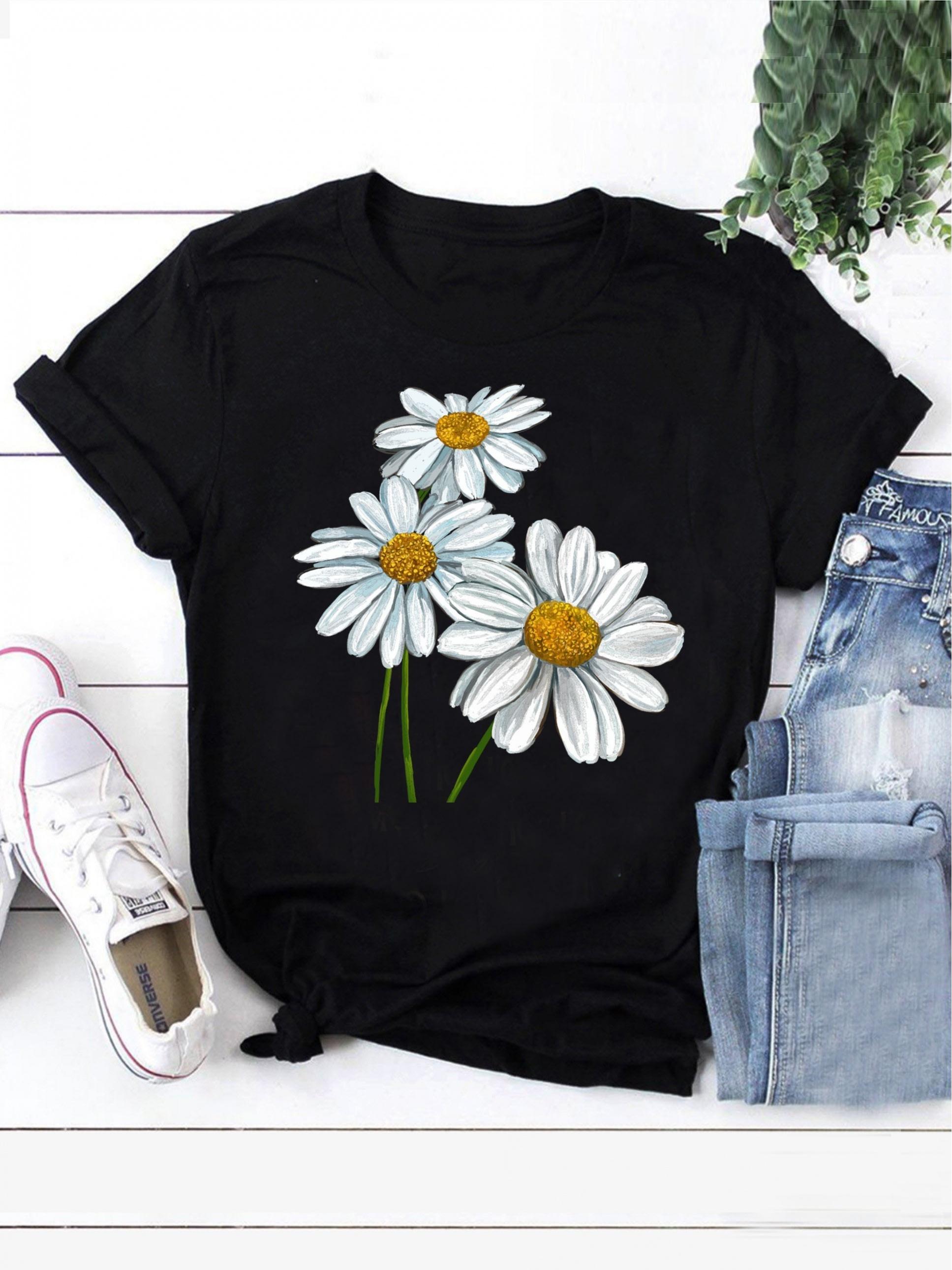 

Женская футболка с принтом ромашек, модная футболка с иллюстрацией, простой дизайн, демонстрирующий естественный и элегантный стиль, подходит для повседневного досуга 4XL