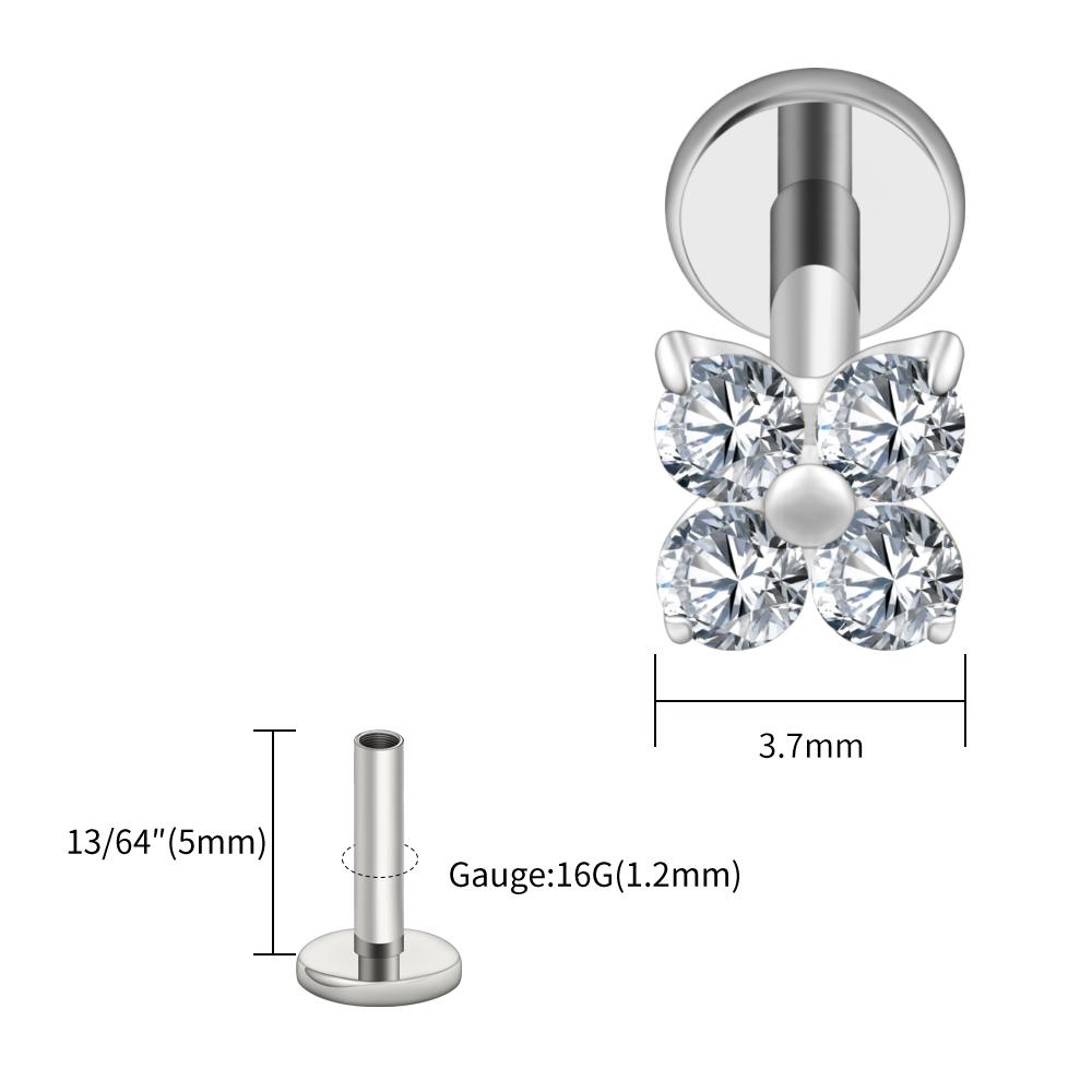 Right Grand ASTM F136 Titanium Flower CZ Cartilage Earring 16G Four Leaf Helix Tragus Stud Flat Back Labret Piercing Jewelry