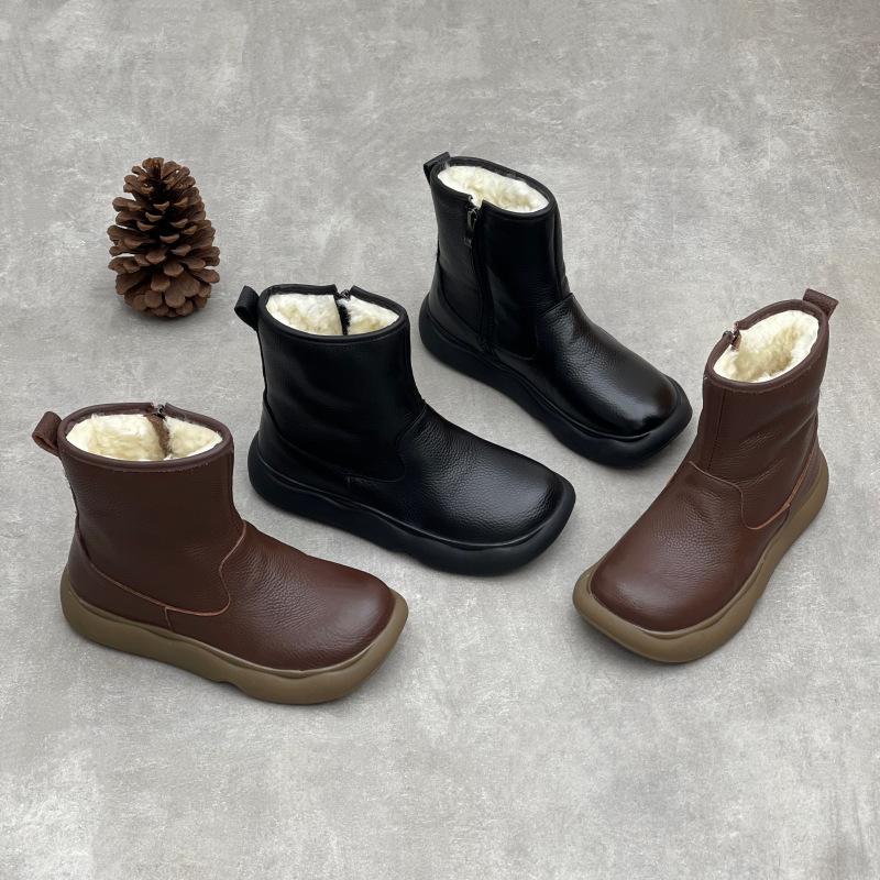 Johnature Genuine Leather Warm Cotton Boots Thick Soled Comfortable Side Zipper Women's Short Boots