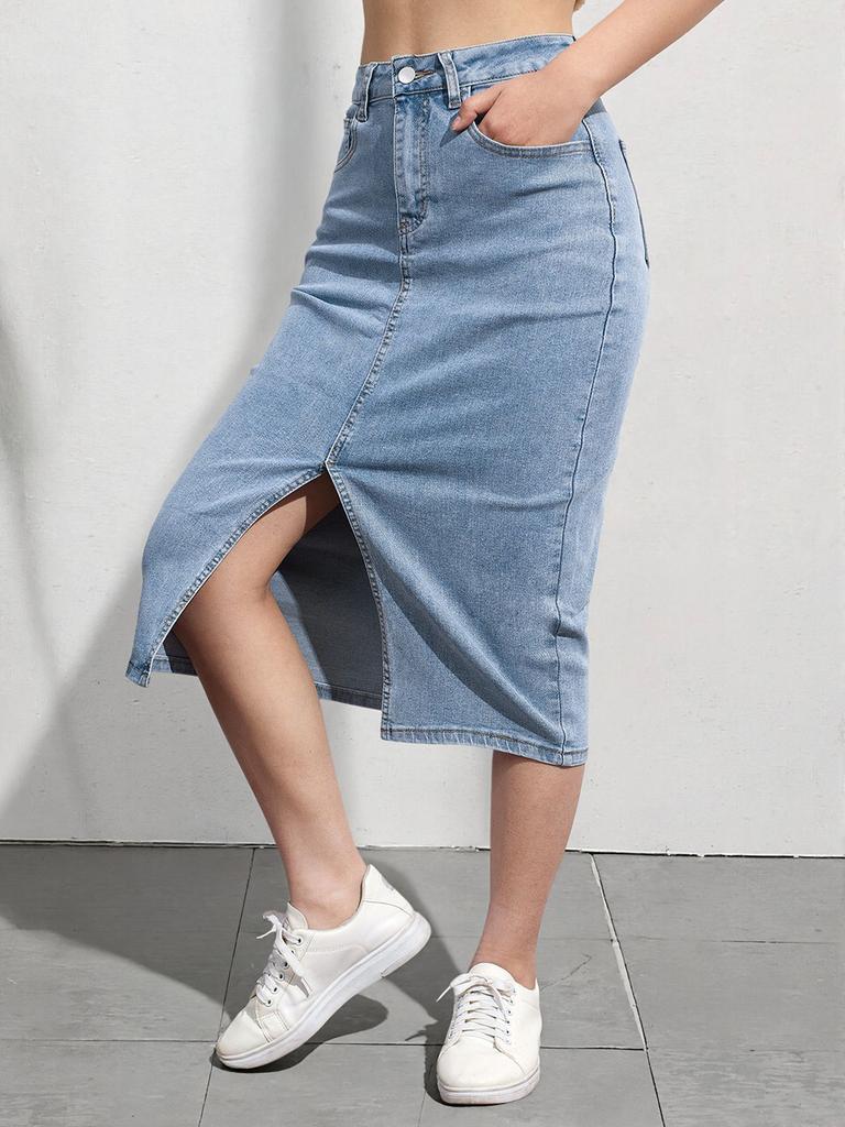 Puffanpop Women's High Waisted Stretchy Denim Midi Skirt - Light Wash Split Front Casual Summer Skirt for Women
