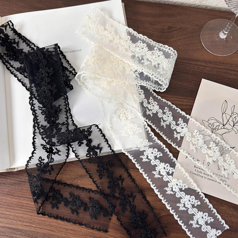 150cm Women Narrow Long Scarf Y2k Thin Lace Scarf Black White Floral Embroidery Elegant Lace Neckband Scarf For Women Hairband