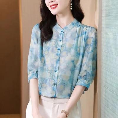 Floral Print Chiffon Shirt Women's 3/4 Sleeve Blouse Summer New Loose Round Collar Bottoming Top M-4XL