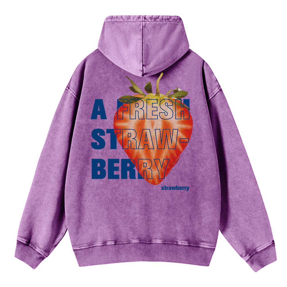 Autumn Winter Woman Acid Wash Hoodies A Fresh Strawberey Prints Sweatshirts Oversize Pocket Cotton Hooded Clothes
